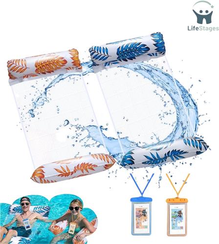 LifeStages - Luchtbed Zwembad - Drijvende Hangmat Waterzwembad - 2 Stuks Opblaasbare Zwembaddrijver Voor Volwassenen - 4-In-1 Zwembaddrijver Blauw En Geel - Tropisch Regenwoud Thema Palmbladeren Zwembaddrijver