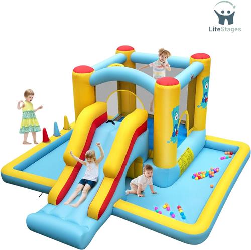 LifeStages - Springkasteel - Springkasteel Met Glijbaan - Trampoline - Basketbalkorf - Springkasteel Voor Binnen En Buiten - Springkasteel - Speeltuin Incl. Kleurrijke Ballen Voor Kinderen Van 3 Tot 10 Jaar - 394 X 389
