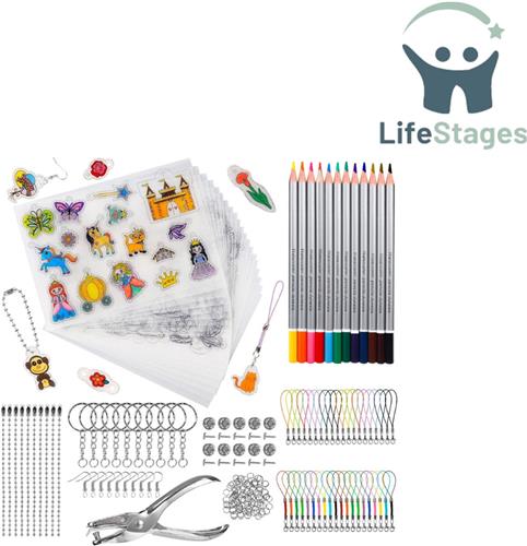 LifeStages - Krimpfolie - 213-Delige Set Krimpfolie - Krimpfolie A4 Krimpfolie - 12 Stuks Blanco + 8 Stuks met Patroon - met Potloden, Perforator, Sleutelhangers Accessoires voor DIY Creatieve Knutselprojecten