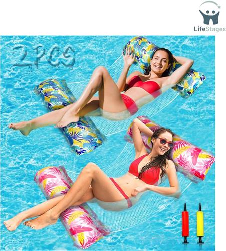 LifeStages - Luchtbed Zwembad - Lucht Matras Zwembad - 2 Stuks Opblaasbare Water Hangmat - 4 in 1 Opblaasbare Hangmat Zwembad - Drijvende Hangmat - Zwembad Strand Waterspeelgoed - voor Volwassenen en Kinderen