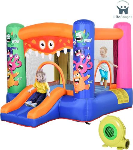 LifeStages - Springkasteel - Springkasteel met blaasglijbaan voor 2 kinderen - Opblaasbaar springkasteel voor 3-8 jaar Monster -Polyester - 250x180x175cm