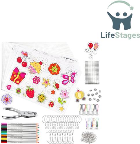 LifeStages - Krimpfolie - Set van 218 Krimpfolies - 20 Krimpfolies voor Knutselwerkjes - A4-Krimpfolieset - met Sleutelhangeraccessoires en Krijtjesgaten - Krimpfolieset voor DIY-Knutselwerkjes voor Kinderen