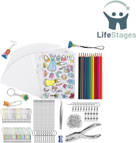 LifeStages - Krimpfolie - 225 Stuks Krimpfolie-Set - Krimpfolie A4 Krimpfolie 20 Stuks Transparant - met Potloden, Perforator, Sleutelhangers Accessoires voor DIY Creatief Knutselen