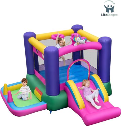 LifeStages - Springkasteel - Springkasteel Met Glijbaan - Springzone - Basketbalkorf - Ballenbad - Ringwerpspel & Werpspel - Voor Binnen En Buiten Inclusief Draagtas - Reparatieset - 296 X 287 X 183 Cm