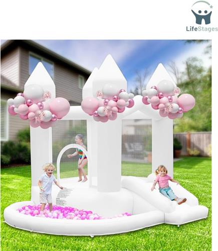 LifeStages - Springkasteel - Opblaasbaar Kasteel Met Luchtpomp - Opblaasbaar Kinderkasteel Met Glijbaan - Grote Ballenbak Voor Bruiloft, Feest, Tuin, Verjaardag - Voor 3-10 Jaar - Tot 140 Kg