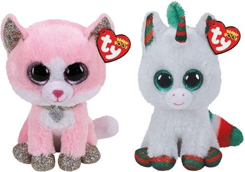 Ty - Knuffel - Beanie Boo's - Fiona Pink Cat & Christmas Unicorn