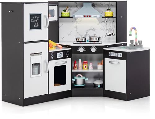 COSTWAY Kinderkeuken hout, speelkeuken met licht en geluid, houten keuken hoek met bord, incl. accessoires, speelgoedkeuken voor kinderen vanaf 3 jaar