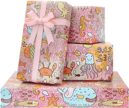 Inovra - Verjaardagscadeaupapier Onderwaterthema voor Kinderen - Roze Papier met Zeepaardjes en Koraalvis Ontwerpen - Geschikt voor Verjaardag of Babyshower - 4 Vellen met Lotuslint.