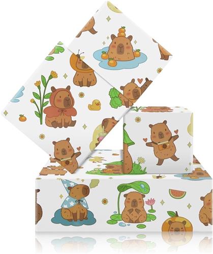 Inovra - Verjaardagsinpakpapier Capybara voor kinderen - Jongens - Meisjes - Babyshower - 4 vellen - 50 x 70 cm