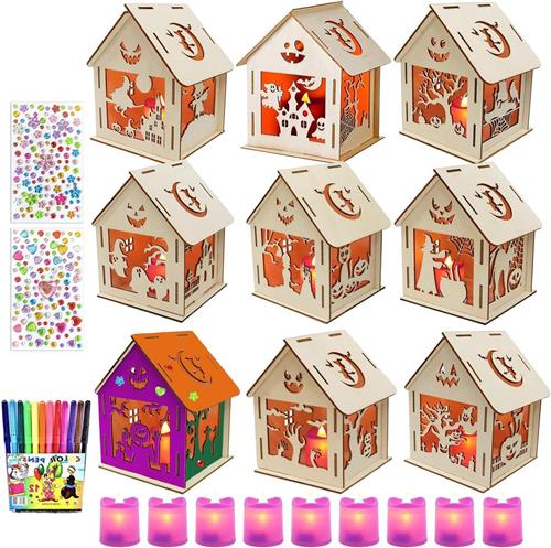 Inovra - Halloween huis knutselset voor kinderen, pompoenhuis - 9 stuks, LED-kaarsen, bouwpakket beschilderen, DIY houten pompoenhuis bouwen