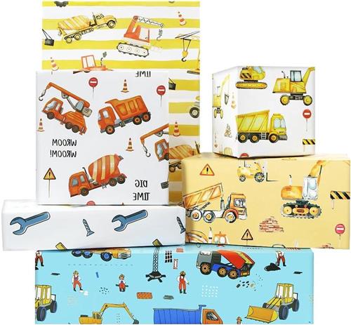 Constructie Inpakpapier voor jongens - 6 vellen graafmachine tractor kiepwagen bulldozer mixers dumper voertuigen - patroon weg in aanbouw - verjaardagscadeaupapier - plat gevouwen 50x70cm