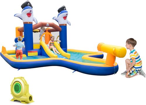 COSTWAY Springkasteel met droog-/waterglijbaan, springgebied, kinderbadje, waterkanon, basketbalkorf en boksspel, Bouncy Castle voor kinderen, 578 x 408 x 250 cm