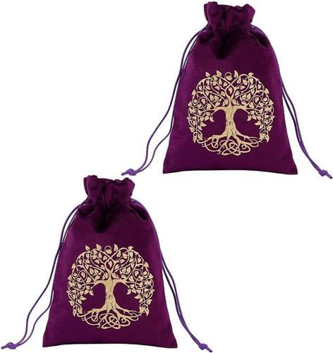 Inovra - Paarse Tarot opbergtas van fluweel met trekkoord, 18 × 13 cm - Beschermkaart en kaarthouder - Bordspel en sieradenzakje - Levensboom design