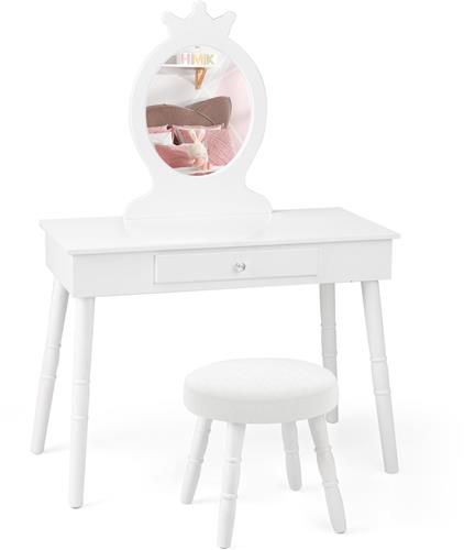 COSTWAY Make-uptafel voor kinderen, 2-in-1 make-uptafel en bureau met afneembare spiegel en kruk, kaptafel met lade en dennenpoten, make-uptafel tot 65 kg belastbaar, 70 x 34 x 100 cm (wit)