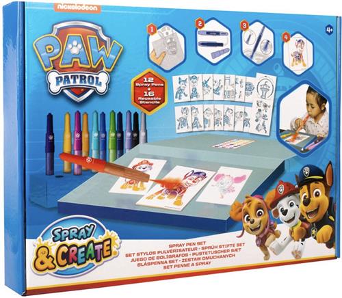 Paw Patrol Spraypennen Set Deluxe - Knutsel Pakket - Inclusief 12 Spraypennen & 16 Herbruikbare Stencils & Luxe Doos - Kleurplaten - PawPatrol Chase Skye - Kleuren & Tekenen - Knutsel Set - Creatief Speelgoed - Schilderen & Knutselen - Paw Patrol