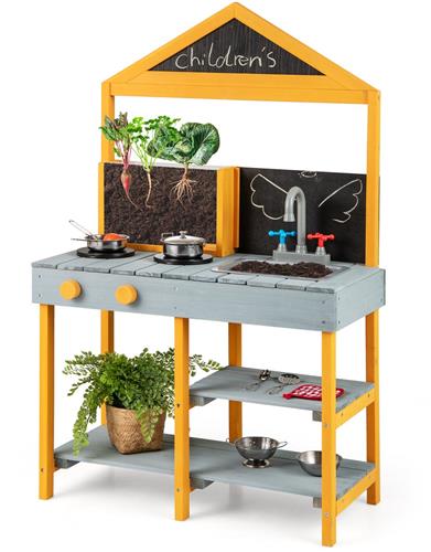 COSTWAY Modderkeuken kinderen outdoor, kinderkeuken dennenhout met plantenbakken & 2 krijtborden & kraan & wastafel, speelkeuken outdoor keuken voor kinderen vanaf 3 jaar, incl. 8 accessoires