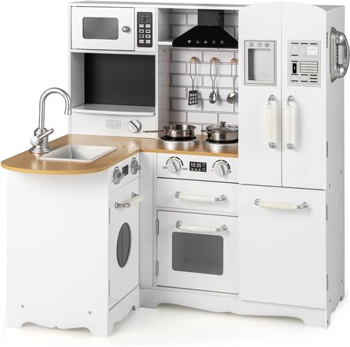 COSTWAY Kinderkeuken met accessoires, hoekspeelkeuken, hout, incl. koelkast, waterkraan, gootsteen, fornuis, telefoon, hoekkeuken, speelgoedkeuken voor kinderen vanaf 3 jaar