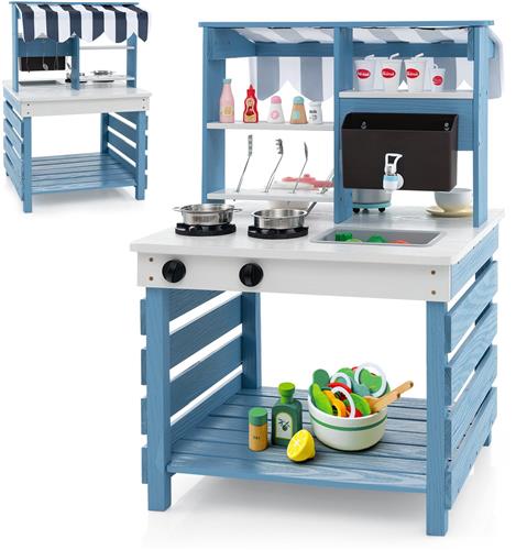 COSTWAY Modderkeuken voor kinderen, outdoor, kinderkeuken, dennenhout met waterfunctie, dubbelzijdige speelkeuken met dak en 6 accessoires, outdoorkeuken voor kinderen vanaf 3 jaar