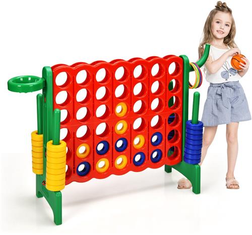 COSTWAY 4 Wint speelset met basketbalkorf en werpspel, enorme 4 winnen incl. 42 jumbo-ringen en schuifregelaar om snel opnieuw te beginnen, vier in een rij spel groot (rood + groen)