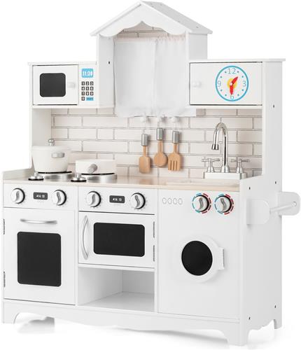 COSTWAY Kinderkeuken incl. speelaccessoires, houten speelkeuken voor kinderen met wasmachine en magnetron, voor kinderen vanaf 3 jaar, wit, 78 x 29 x 93 cm