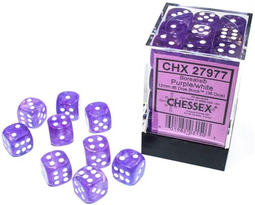 Chessex Borealis D6 12mm Paars/wit Lichtgevende Dobbelsteen Set (36 stuks)