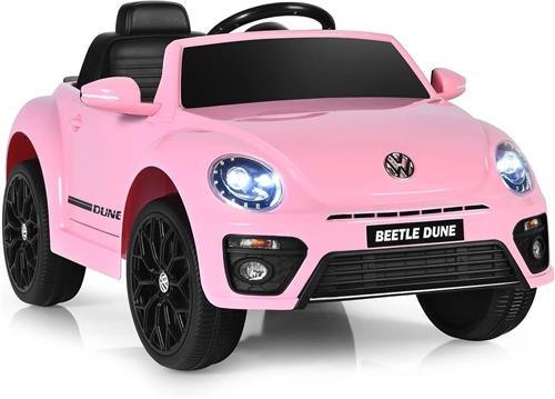 COSTWAY VW Beetle Elektrische auto voor kinderen, kinderauto, elektrisch met muziek en 2 verlichtingsmodi, incl. 2,4G-afstandsbediening, voor kinderen vanaf 3 jaar (roze)