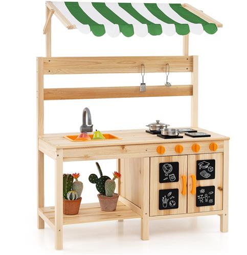 COSTWAY Modderkeuken voor kinderen, outdoor, kinderkeuken, dennenhout met overkapping, afneembare spoelbak, 4 kookfornuizen en borden, speelkeuken met accessoires voor kinderen vanaf 3 jaar
