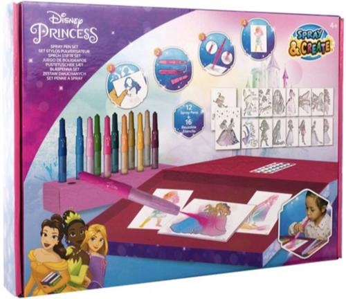 Disney Princess Spraypennen Set Deluxe - Knutsel Pakket - Inclusief 12 Spraypennen & 16 Herbruikbare Stencils & Luxe Doos - Kleurplaten - Disney Prinsessen - Kleuren & Tekenen - Knutsel Set - Creatief Speelgoed - Schilderen & Knutselen