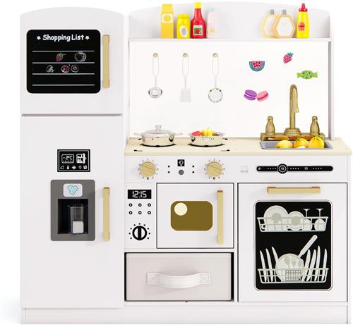 COSTWAY Kinderkeuken met accessoires, speelkeuken met schrijfbord, ijsmachine, gootsteen, stoffen lade en vaatwasser, speelgoedkeuken met verlichte magnetron voor kinderen vanaf 2 jaar