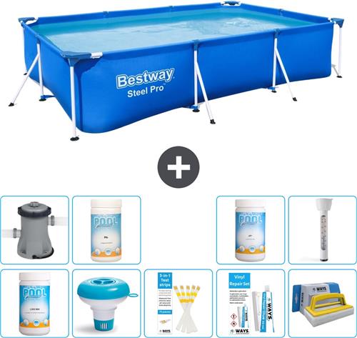 Bestway Rechthoekig Steel Pro Zwembad - 300 x 201 x 66 cm - Blauw - Inclusief Pomp Chloor - Chloordrijver - Testrips - Reparatiesetje - Scrubborstel - PH-min - PH-plus - Thermometer