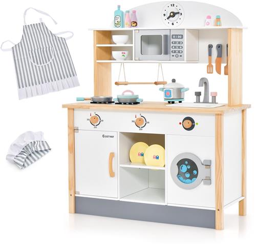 COSTWAY Kinderkeuken van hout, speelkeuken incl. 17 accessoires, speelgoedkeuken met magnetron, wasmachine, wastafel, fornuis & kookgerei, houten keuken voor kinderen vanaf 3 jaar