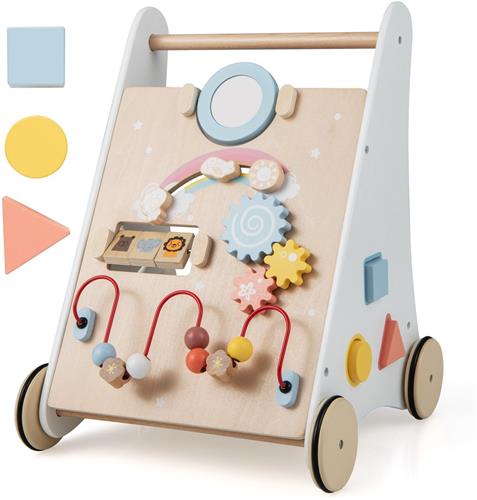 COSTWAY Loophulp van hout, 7-in-1 loopwagen met speelbord, spiegel en bouwblokken, loopwagen om te duwen met opbergdoos, loophulp baby vanaf 1 jaar (wit + natuur)