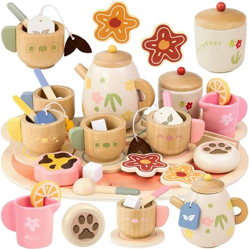 Houten Theeservies voor Kinderen - Speelgoed Thee Set met Accessoires - Rollenspel Keukenset - Houten Speelgoed Eten - Theeparty Speelgoed voor Peuters 3+ Jaar - Educatief Cadeau voor Meisjes - Middagthee Rollenspel