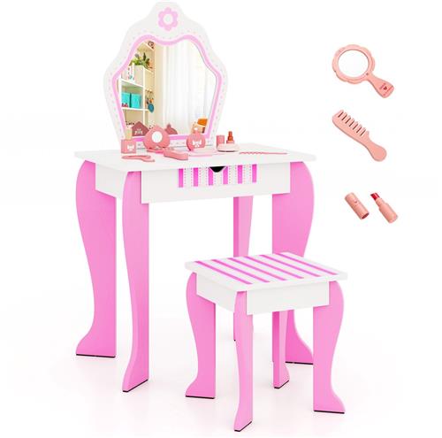 COSTWAY Kinderen Kaptafel & Krukje Set, Princess Speel Make-up Kleedtafel Set met Spiegel & Lade, 2-in-1 Kleuter Kaptafel Set Schrijftafel met Afneembare Top & Leuke Bloempatronen