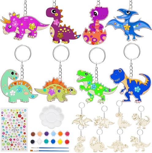 Inovra - Houten knutselset voor kinderen met dino thema, doe-het-zelf knutselplezier, creatieve knutselset voor meisjes, sleutelhanger cadeau voor kinderen