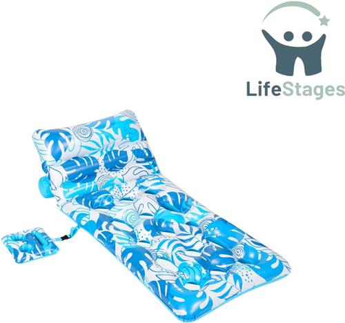 LifeStages - Tanning Bed - Opblaasbare Zwemband voor Volwassenen - Tropische Bladeren - Zwemband met Verstelbare Rugleuning en Bekerhouders - Zonnebank Zwemband - Drijvende Stoel voor Zwembad, Strand, Meer
