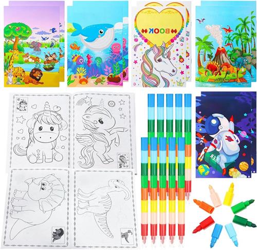 Inovra - Mini-kleurboek set voor kinderen - 10 boekjes en waskrijtjes - Doe-het-zelf kunstschilderboek voor 3-6 jaar - Kinderdagcadeau