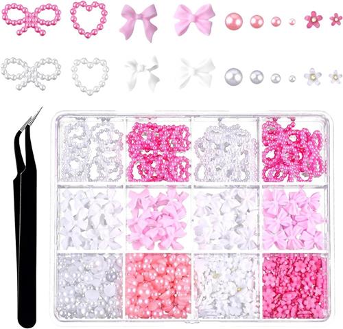 Inovra - Nail Charms 3D - Roze en Witte Bows - Lente Bloemen - Pearls - Strass - Nagelkunst Juwelen