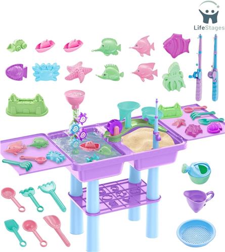 LifeStages - Watertafel - 3-In-1 Waterspeeltafel Voor Kinderen En Visspel - 26-Delige Accessoires Incl. Zandschep - Waterrad - Speeltafel Met Deksel - Zandspeelgoed Vanaf 2 - 3 - 4 Jaar - Paars