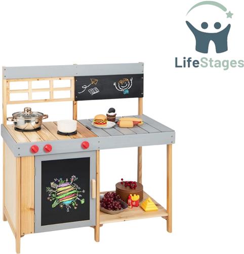 LifeStages - Modderkeuken - Modderkeuken voor Kinderen - Buitenkeuken voor Kinderen met Borden - Verplaatsbaar Werkblad en Afneembare Watertank - Tuinkeuken - Houten Speelset - Speelkeuken voor Kinderen - vanaf 3 Jaar