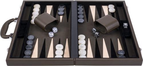 Backgammon 15" Olijfgroen & cream in lederen koffer - Longfield