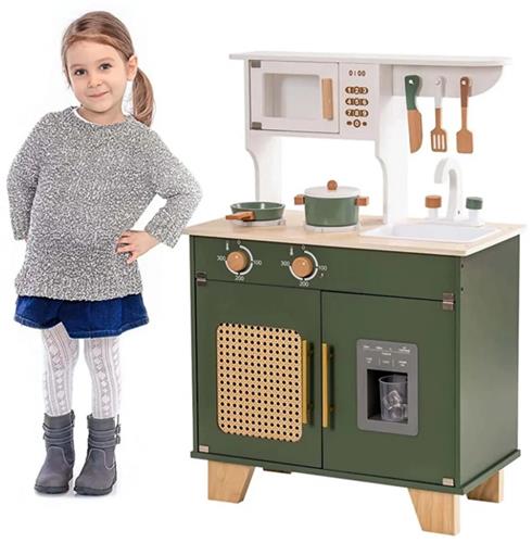 Fubzz Houten Speelkeuken - Vintage Kinderkeukenset Met Ijsmachine En Accessoires - Duurzaam Hout - Realistische Knoppen En Kraan - Vanaf 3 Jaar