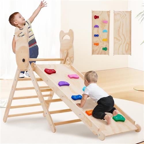 Klimdriehoek met Glijbaan - Vouwbaar Houten Klimtoestel voor Peuters - Houten Klimdriehoek met Glijhelling - Klimtoestel voor Babys - Klimdriehoek met Glijbaan voor Kinderen 1-6 Jaar