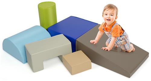 COSTWAY 6 stuks schuimrubberen bouwstenen, reuzenbouwstenen om te ravotten en klimmen, zachte bouwstenen van schuim, grote bouwstenen meerkleurig, voor kinderen op de kleuterschool, baby's en schoolkinderen, blauw + bruin