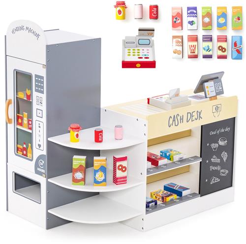 COSTWAY Kinderwinkelwinkel, winkelwinkel van hout met zijbalk, supermarktset met kassa, POS-machine, verkoopautomaat en krijtbord, boodschappenwinkel, verkoopstand voor kinderen van 3 - 8 jaar (wit)
