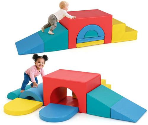 COSTWAY 7-delige schuimbouwstenen, zachte bouwstenen van PU voor kruipen, klimmen en glijden, reuzenbouwstenen van vuurvaste stof, grote bouwstenen XXL, voor kinderen vanaf 1 jaar (rood)