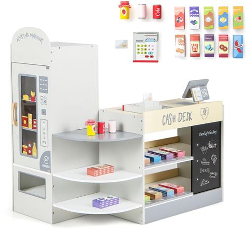 COSTWAY Kinderwinkel van hout met zijbalk, supermarktset met kassa, POS-machine, verkoopautomaat en krijtbord, boodschappenwinkel voor kinderen van 3 tot 8 jaar (grijs)