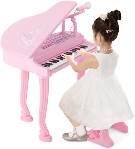 COSTWAY Toetsenbord voor kinderen, met 37 toetsen en kruk, elektronisch pianotoetsenbord, draagbaar met microfoon, led-leer-modus, opname- en afspeelfunctie, muziekinstrument voor kinderen vanaf 3