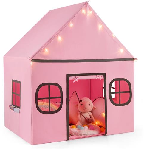 COSTWAY Speelhuis voor kinderen, indoor, kindertent met sterrenlichten en gevoerde mat, speeltent met deurgordijn en ramen, kinderspeelhuis voor jongens en meisjes vanaf 3 jaar (roze + zwart)