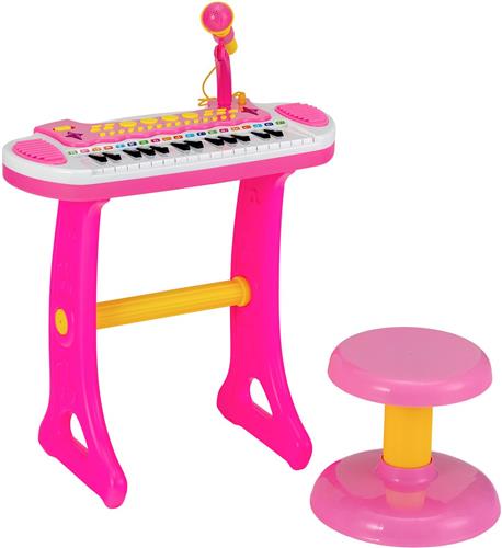 COSTWAY Kinderkeyboard met 31 toetsen, draagbaar muziekinstrument met meerdere geluiden en lichteffecten, verstelbare microfoon en kruk, schattig speelgoedpiano voor kinderen vanaf 3 jaar (roze)